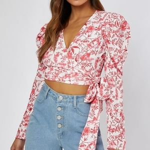 Pink floral statement sleeve wrap top